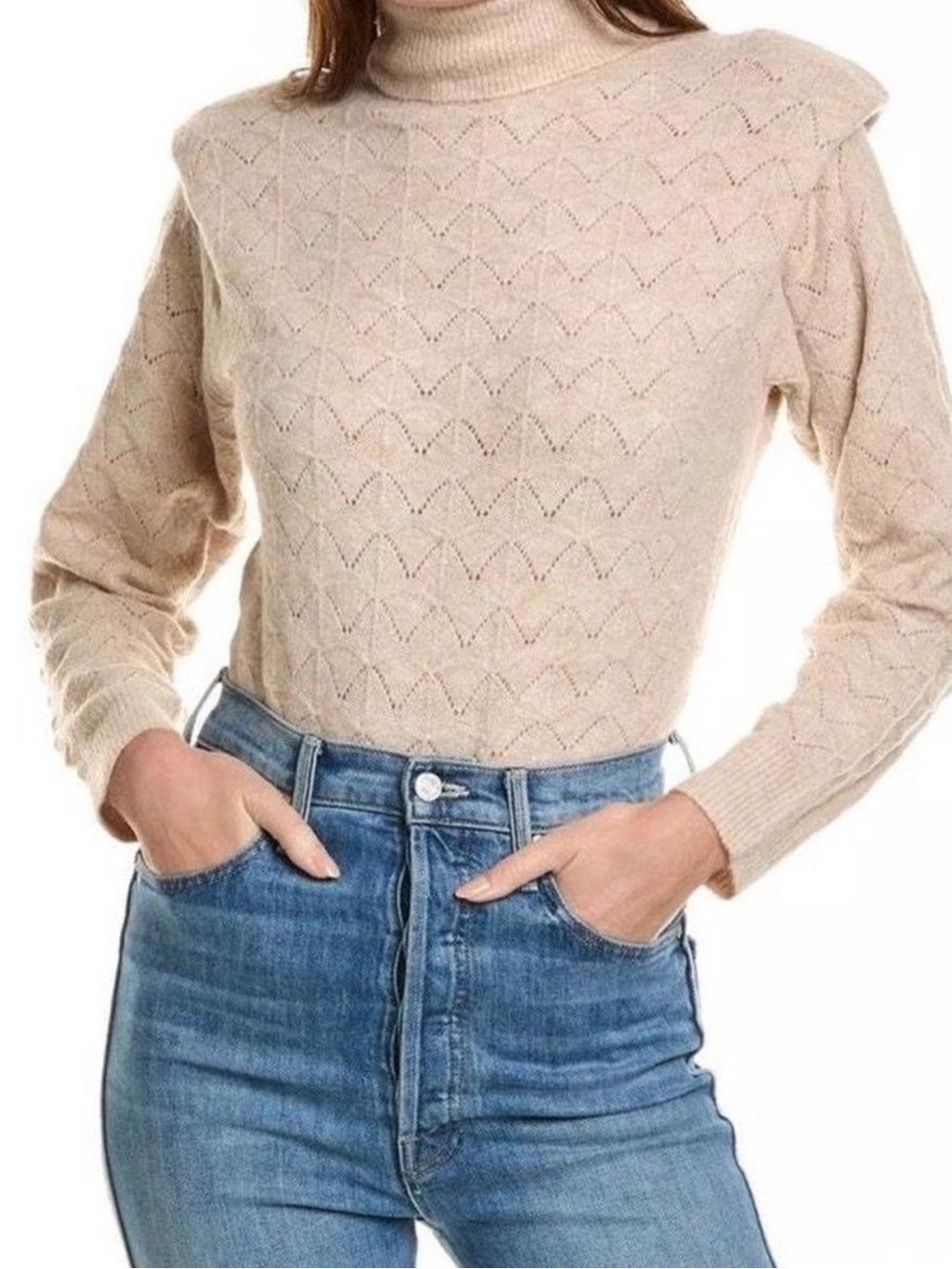 ASTR The Label Taupe Fall Turtleneck Pointelle Knit Sweater With Shoulder Pads